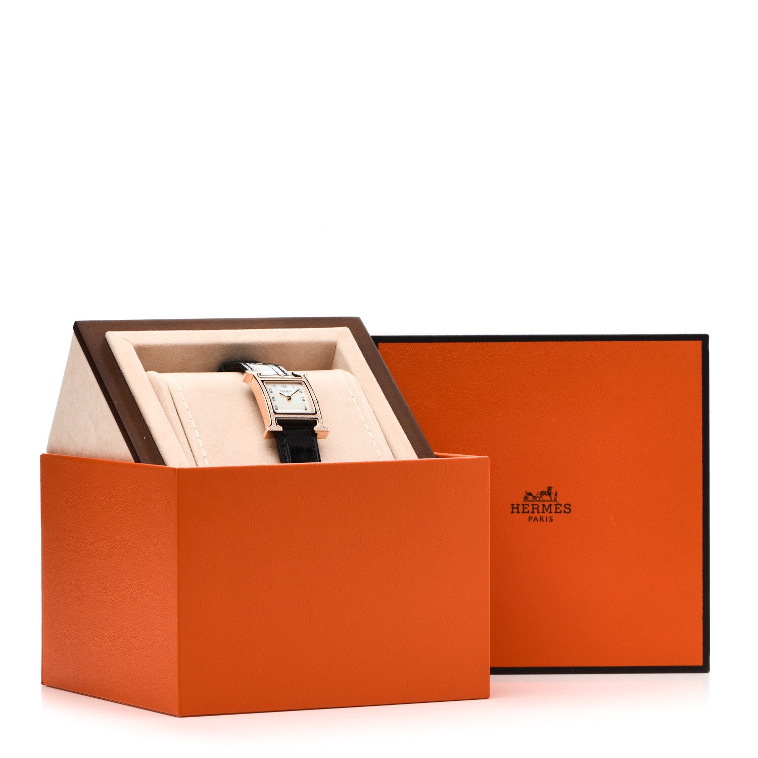 Hermes 18K Rose Gold Alligator Diamond Bezel Mother of Pearl 21mm Heure H Hour Quartz Watch Noir 5 of 5