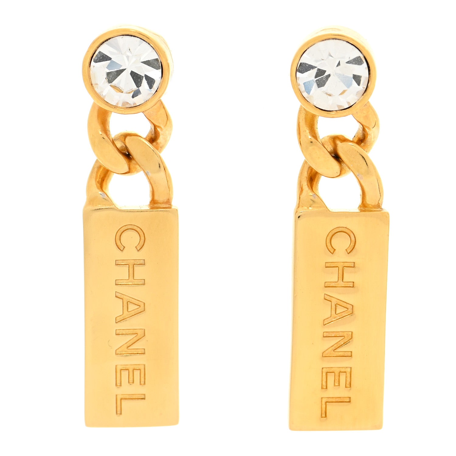 Chanel Crystal Tag Drop Earrings Gold 1 of 5