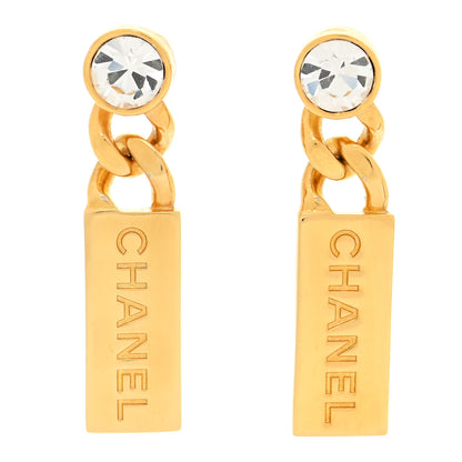 Chanel Crystal Tag Drop Earrings Gold 1 of 5