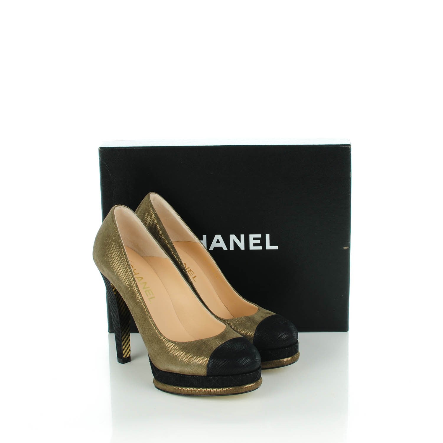 Chanel Metallic Fabric CC Cap Toe Pumps 38.5 Khaki Black 8 of 8