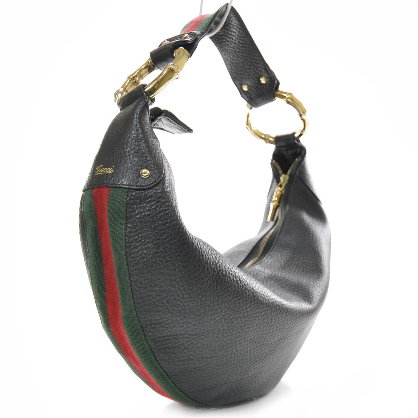 Pebbled Calfskin Web Bamboo Ring Hobo Black