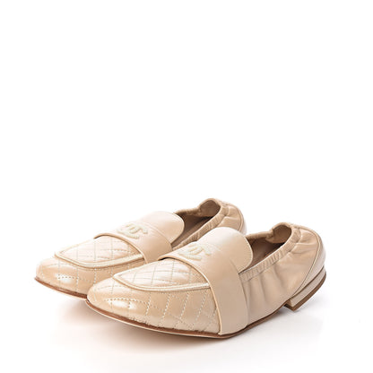 Chanel Laminated Lambskin Womens Quilted Elastic CC Moccasin Loafers 38.5 Beige 3 of 10