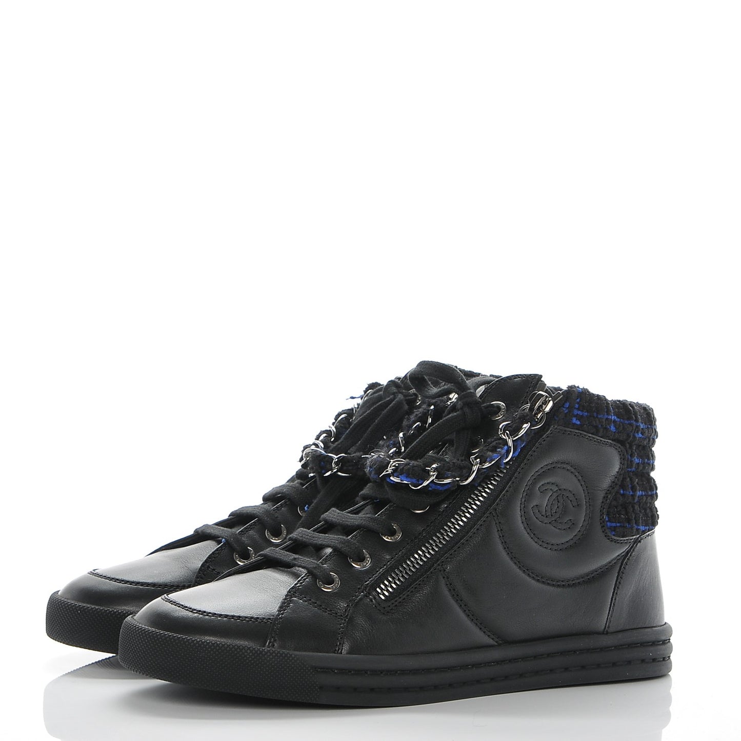 Lambskin Tweed Zipped Sneakers 37 Black Blue