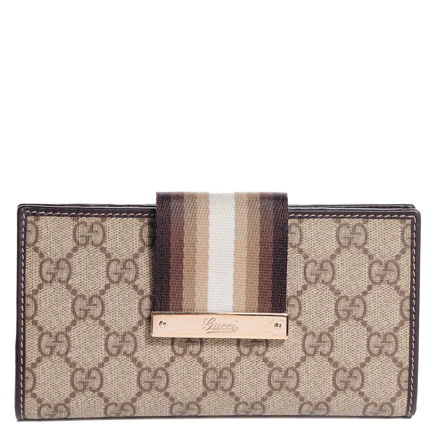 Gucci GG Plus Monogram Calfskin Ladies Web Continental Wallet Beige Ebony Brown 1 of 8