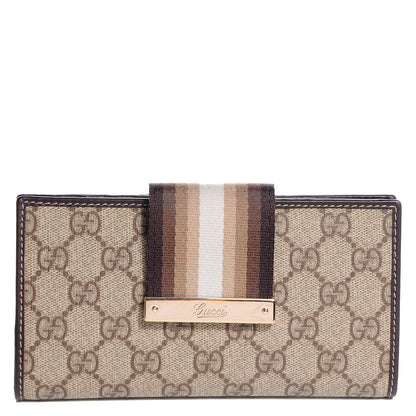 Gucci GG Plus Monogram Calfskin Ladies Web Continental Wallet Beige Ebony Brown 1 of 8