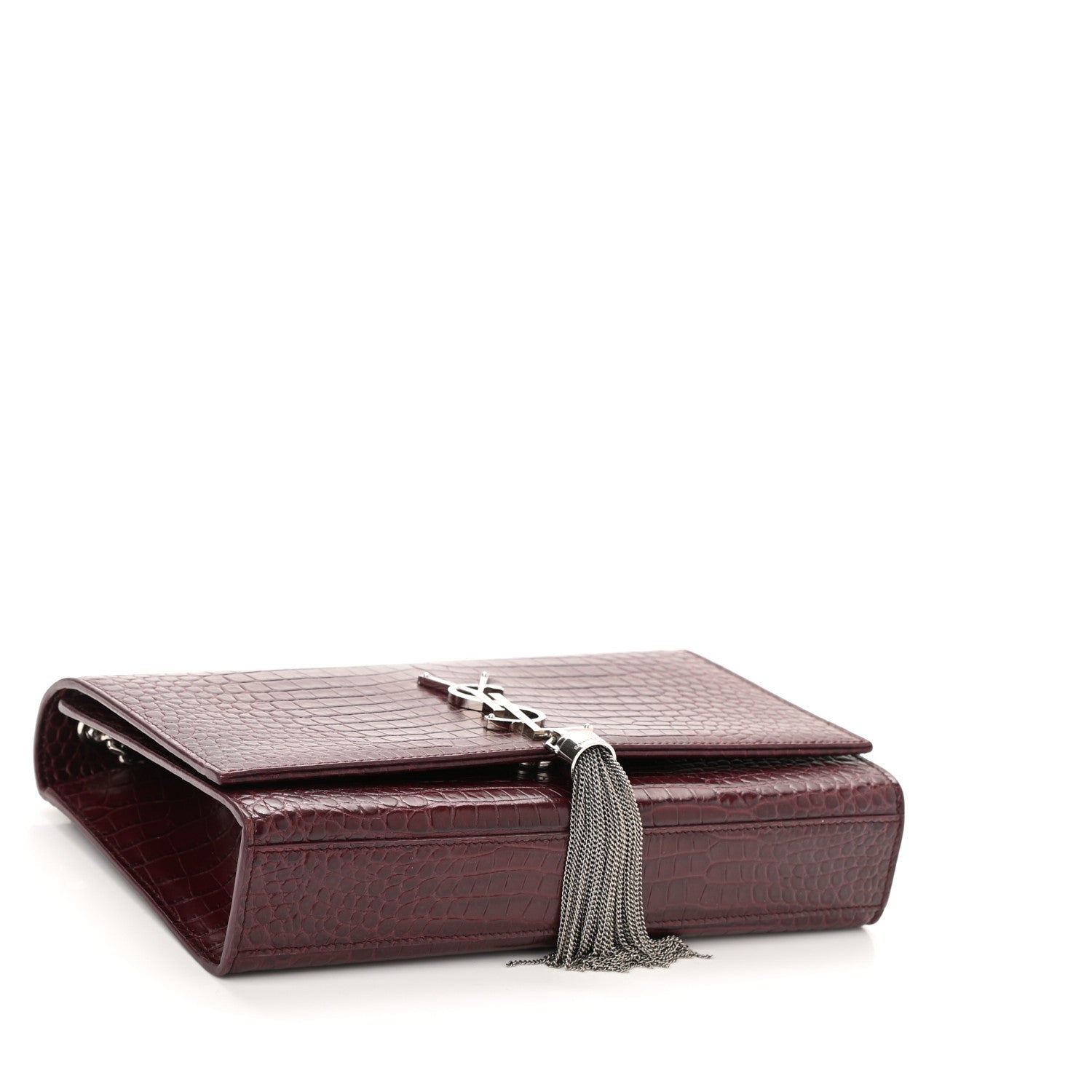 Saint Laurent Calfskin Crocodile Embossed Medium Classic Monogram Kate Tassel Satchel Dark Red 4 of 8