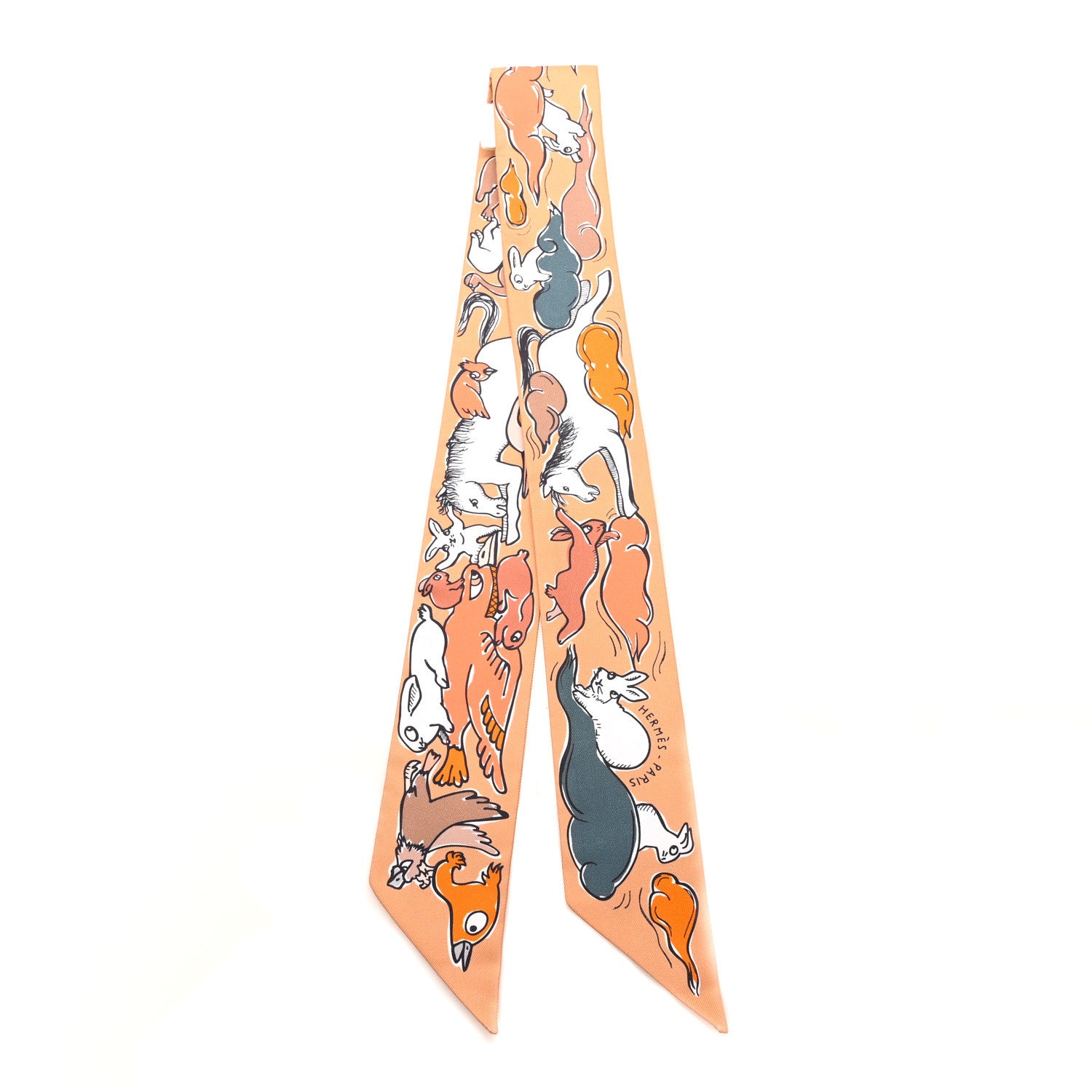 Hermes Silk Mille Et Un Lapins Twilly Beige Dore Abricot White 2 of 4
