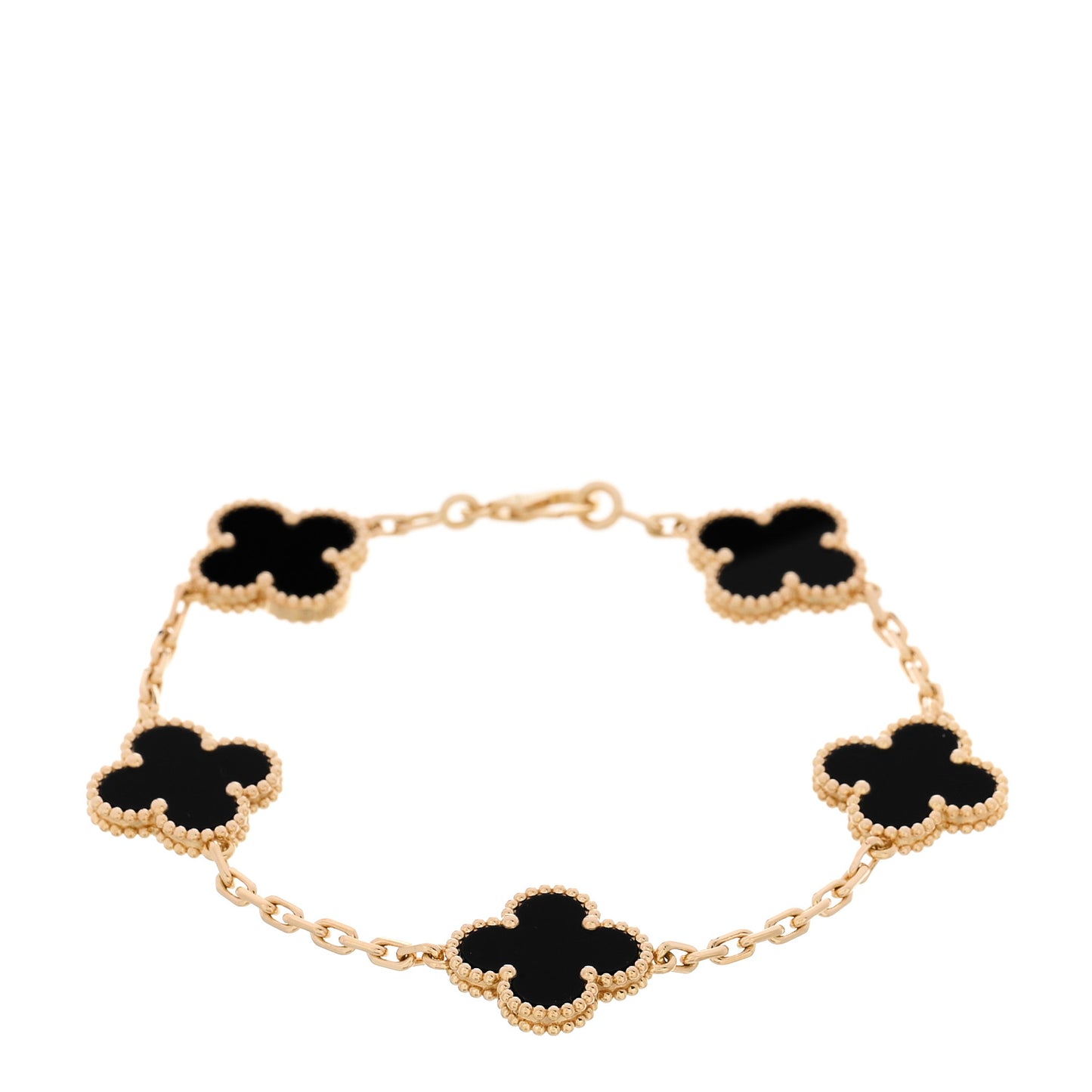 18K Yellow Gold Black Onyx 5 Motifs Vintage Alhambra Bracelet