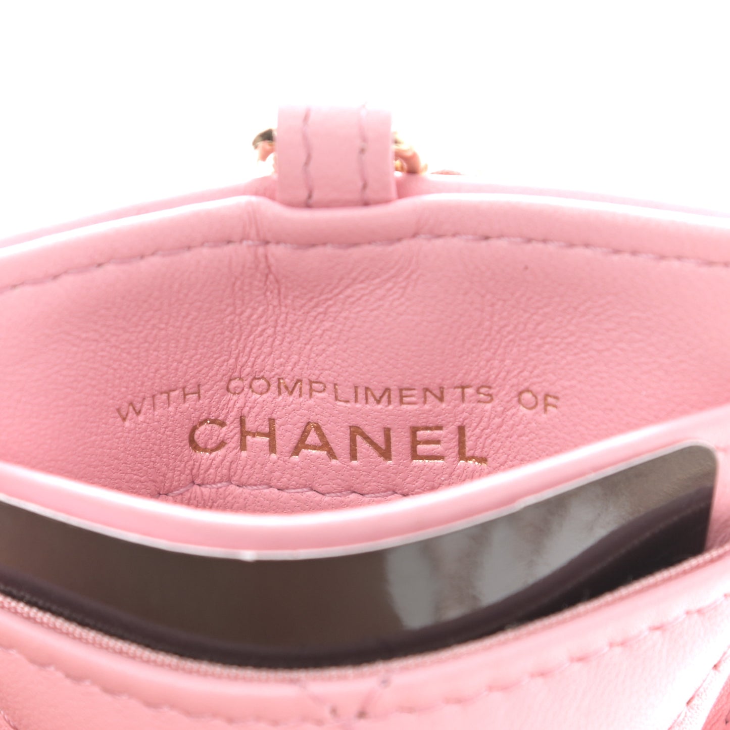 Lambskin Quilted Chanel Card Holder On Chain Pink