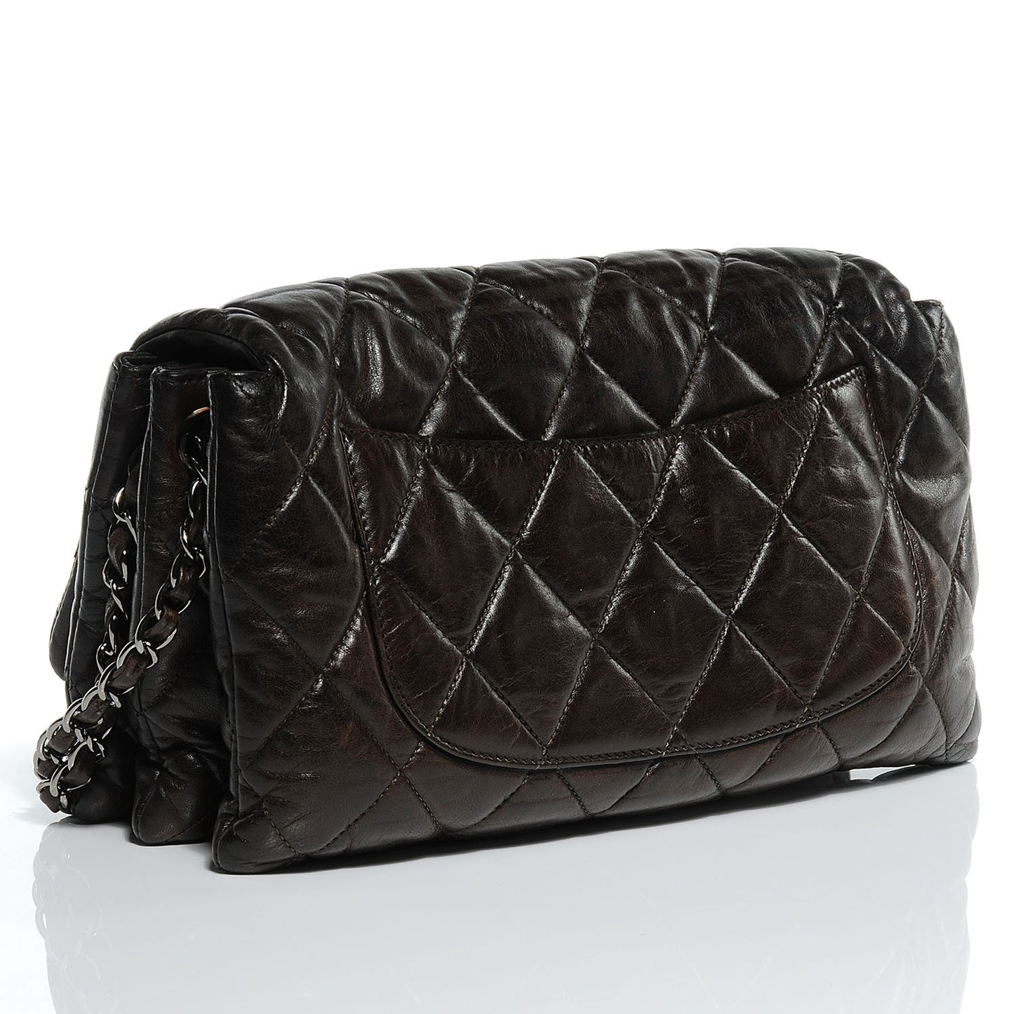 Glazed Calfskin Quilted 3 Accordion Flap Dark Brown