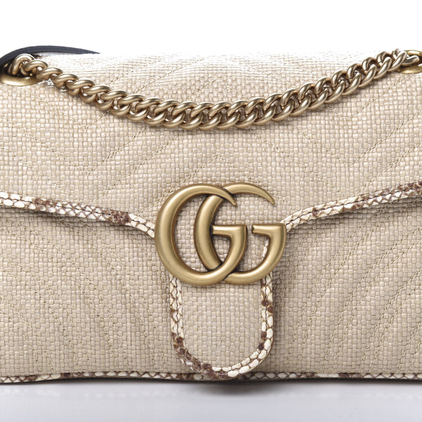Raffia Elaphe Matelasse Small GG Marmont Shoulder Bag Natural Cream Brown