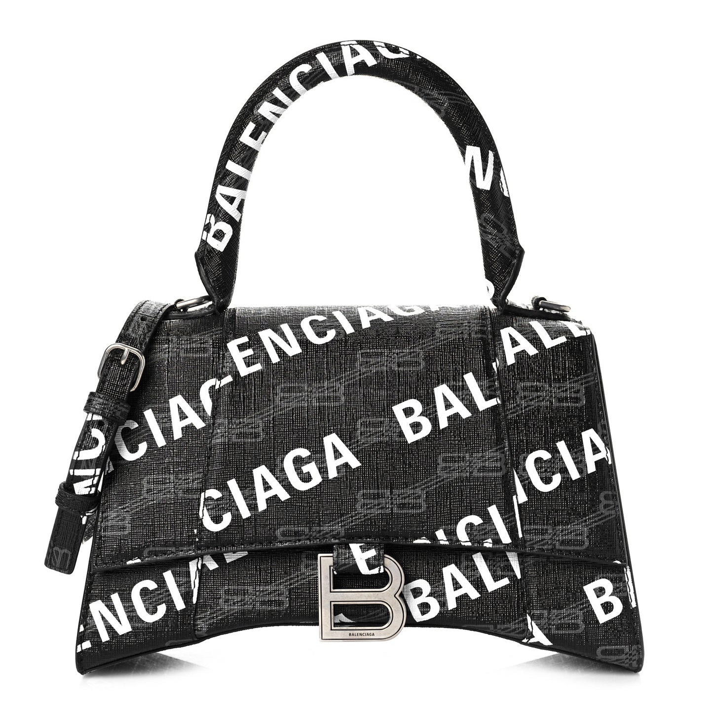 Coated Canvas BB Monogram Allover Logo Small Hourglass Top Handle Bag Black Grey White