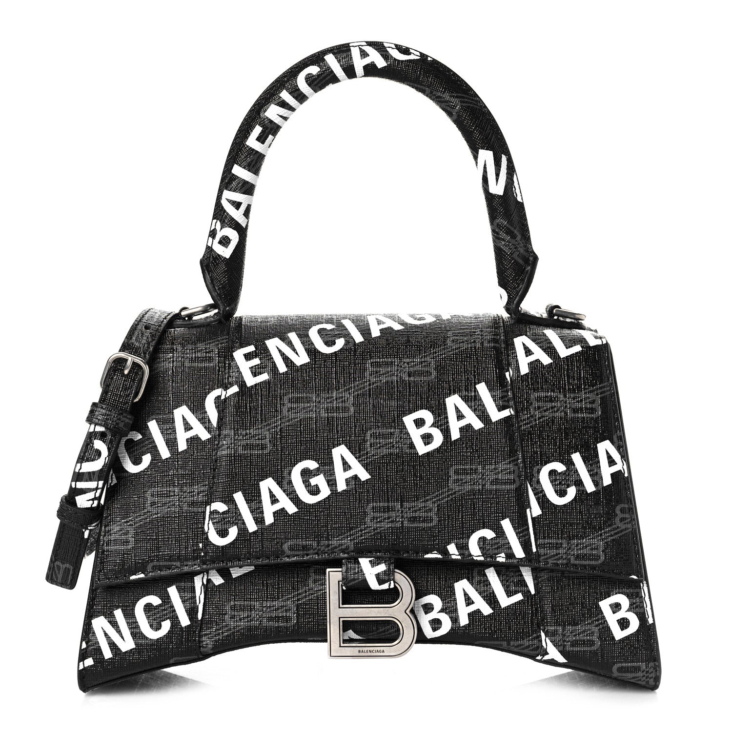 Balenciaga Coated Canvas BB Monogram Allover Logo Small Hourglass Top Handle Bag Black Grey White 1 of 8