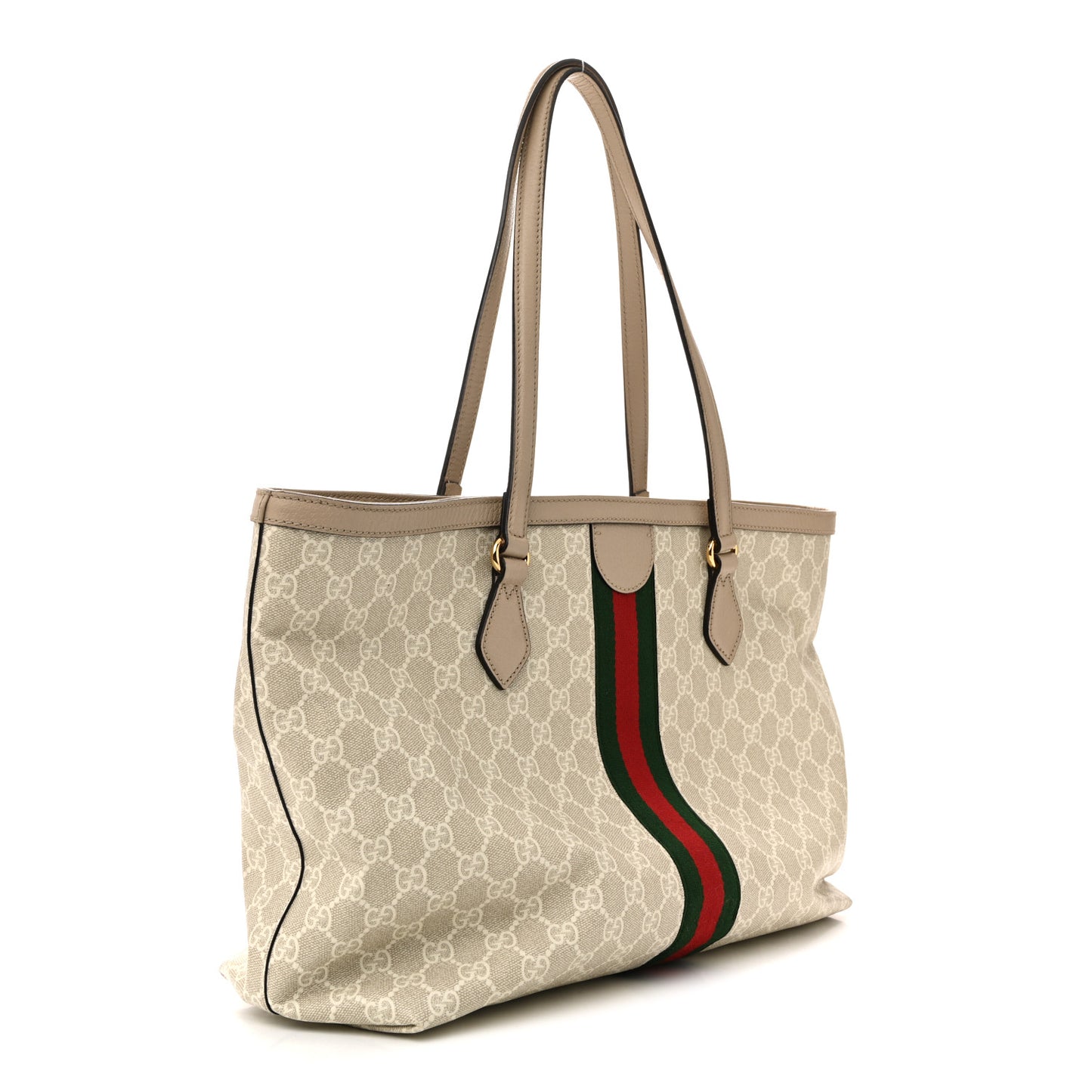 GG Supreme Monogram Textured Dollar Calfskin Web Medium Ophidia Shopping Tote Beige Mystic White Oatmeal