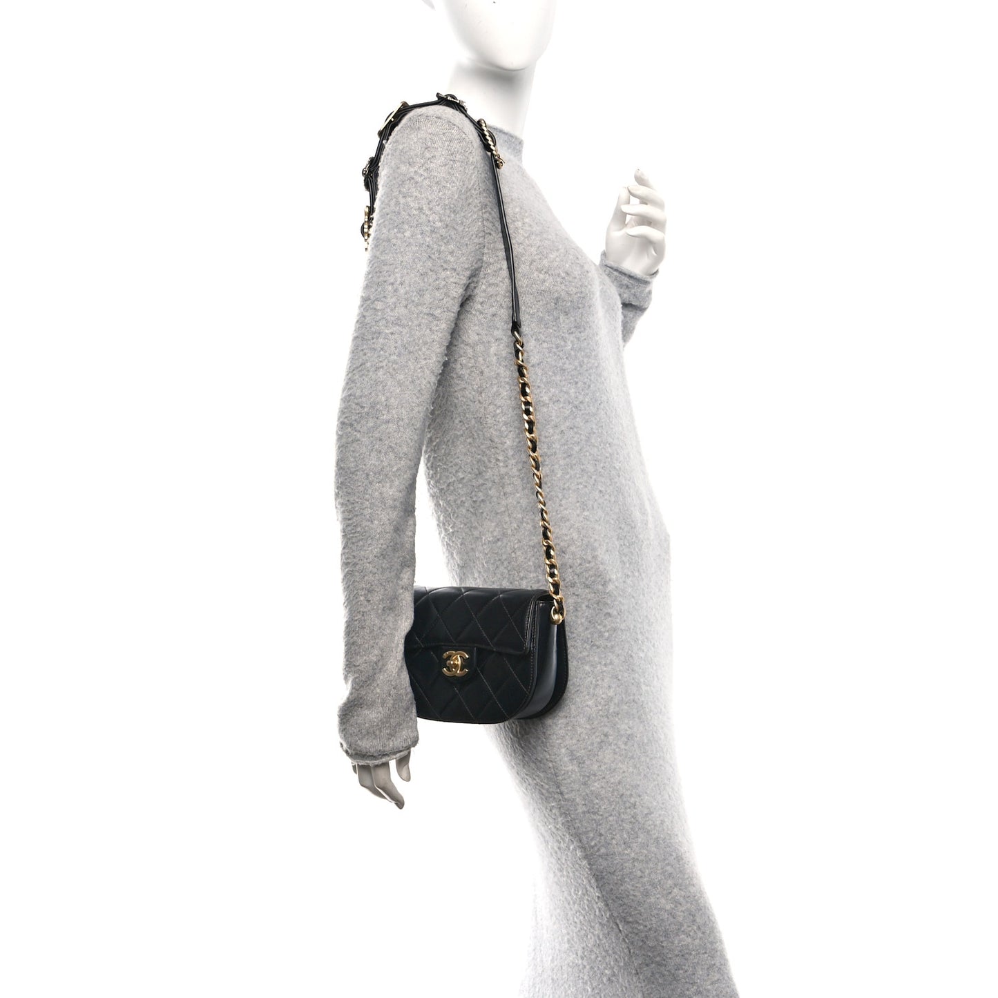 Shiny Calfskin Quilted Buckle Moon Messenger Black