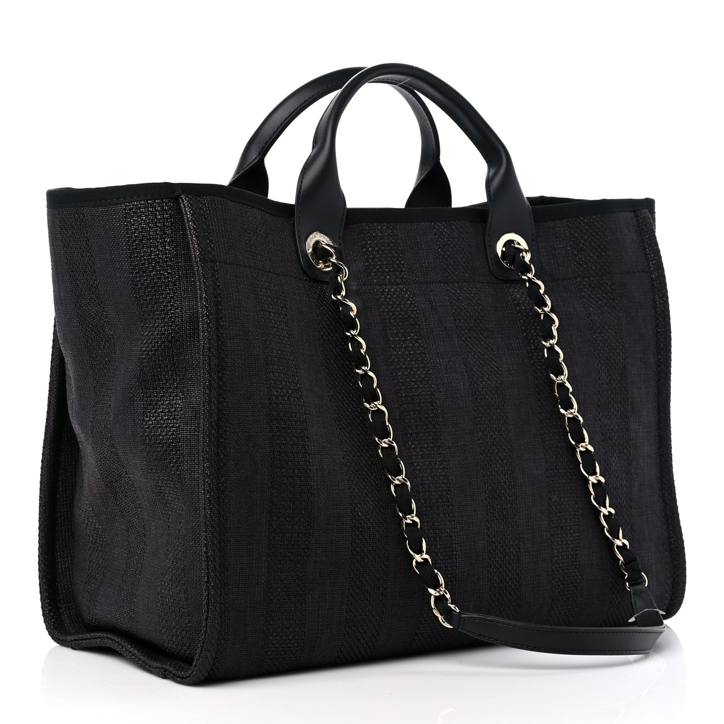 Mixed Fibers Calfskin Striped Medium Deauville Tote Black