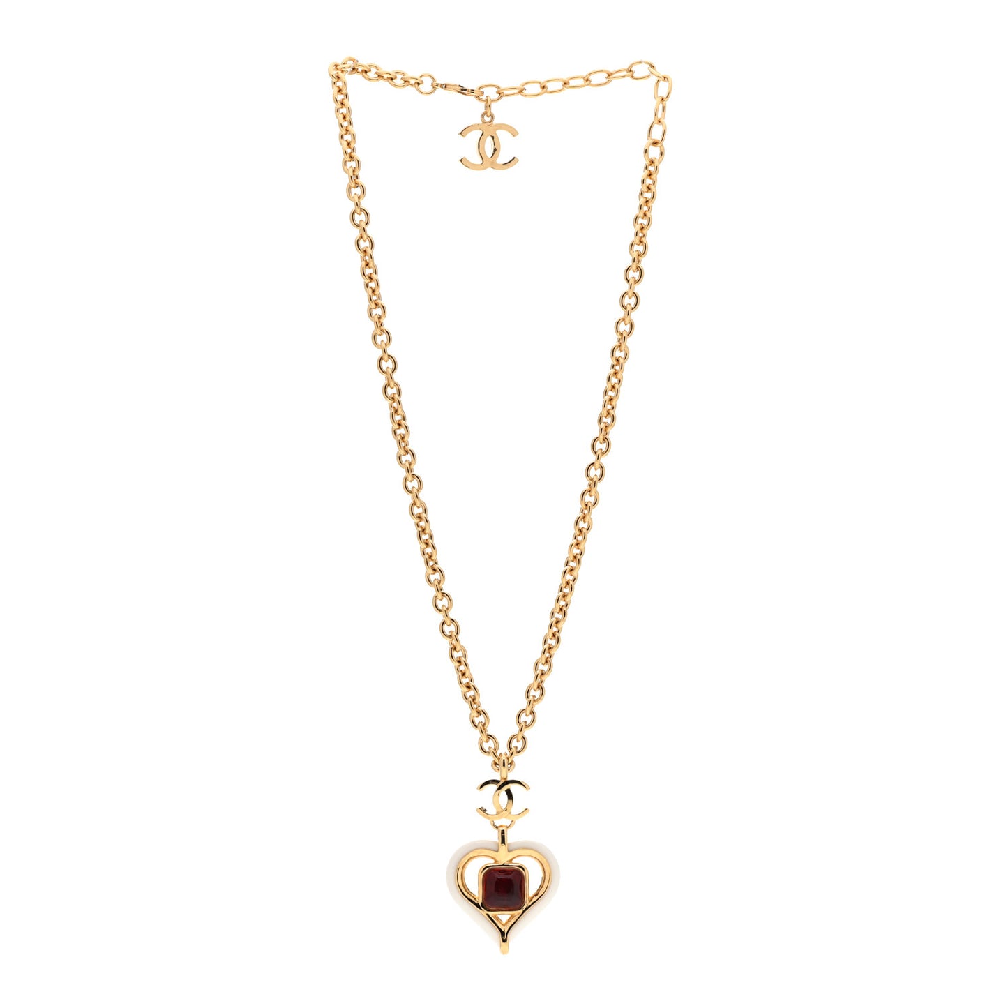 Resin Crystal Heart CC Pendant Necklace Red White Gold
