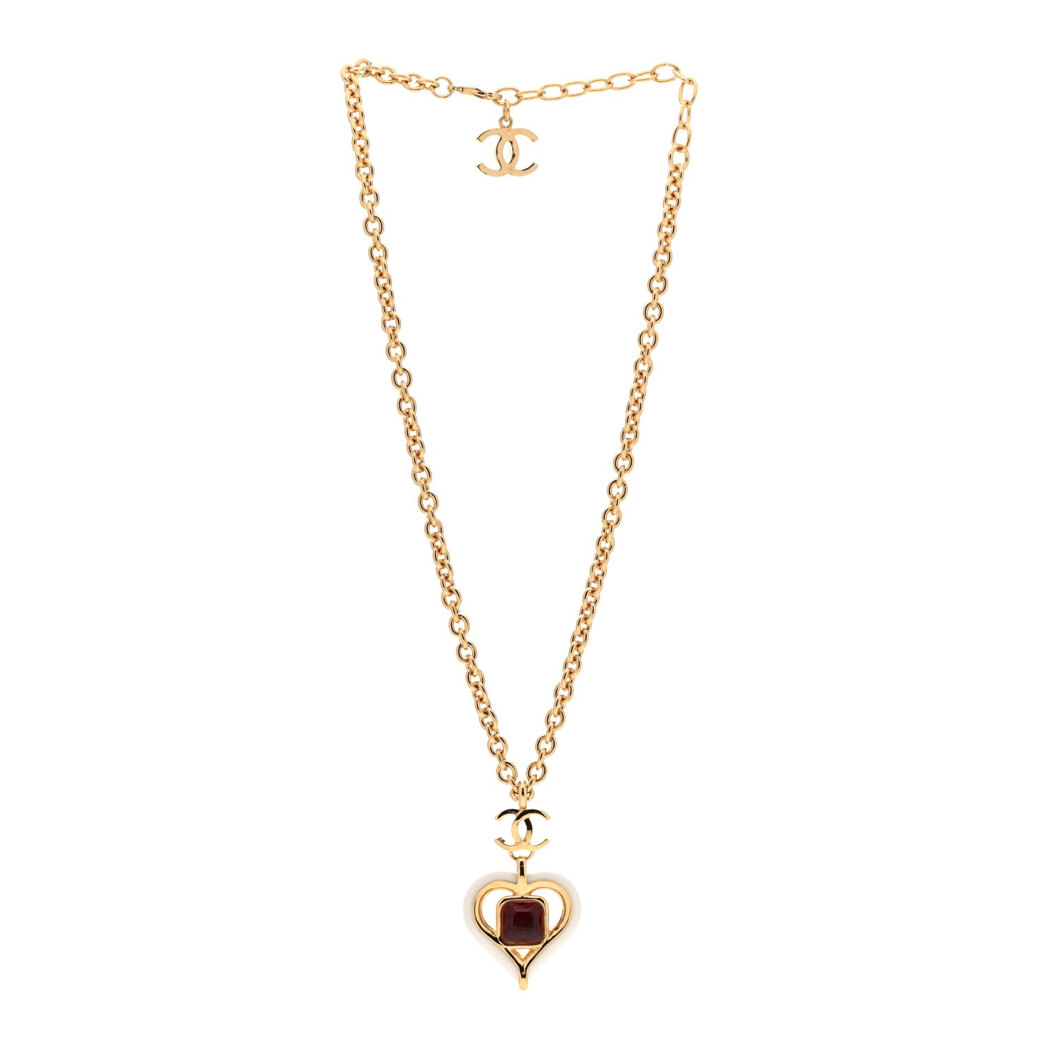 Chanel Resin Crystal Heart CC Pendant Necklace Red White Gold 3 of 5