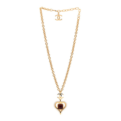 Chanel Resin Crystal Heart CC Pendant Necklace Red White Gold 3 of 5