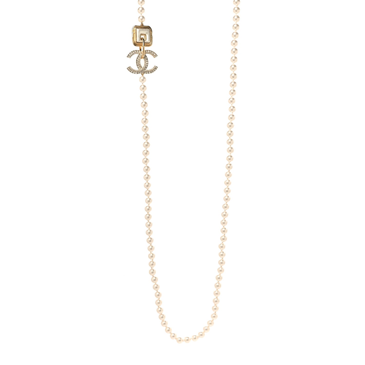 Chanel Pearl Crystal Long CC Logo Necklace Gold 1 of 4