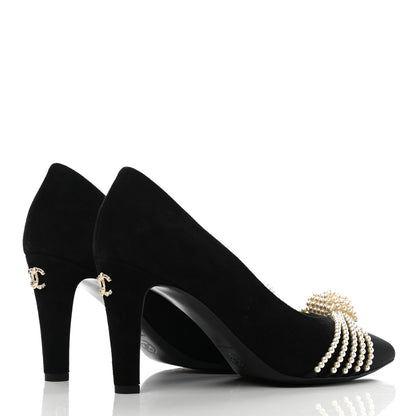Chanel Suede Pearl Grosgrain Pumps 38 Black 4 of 10