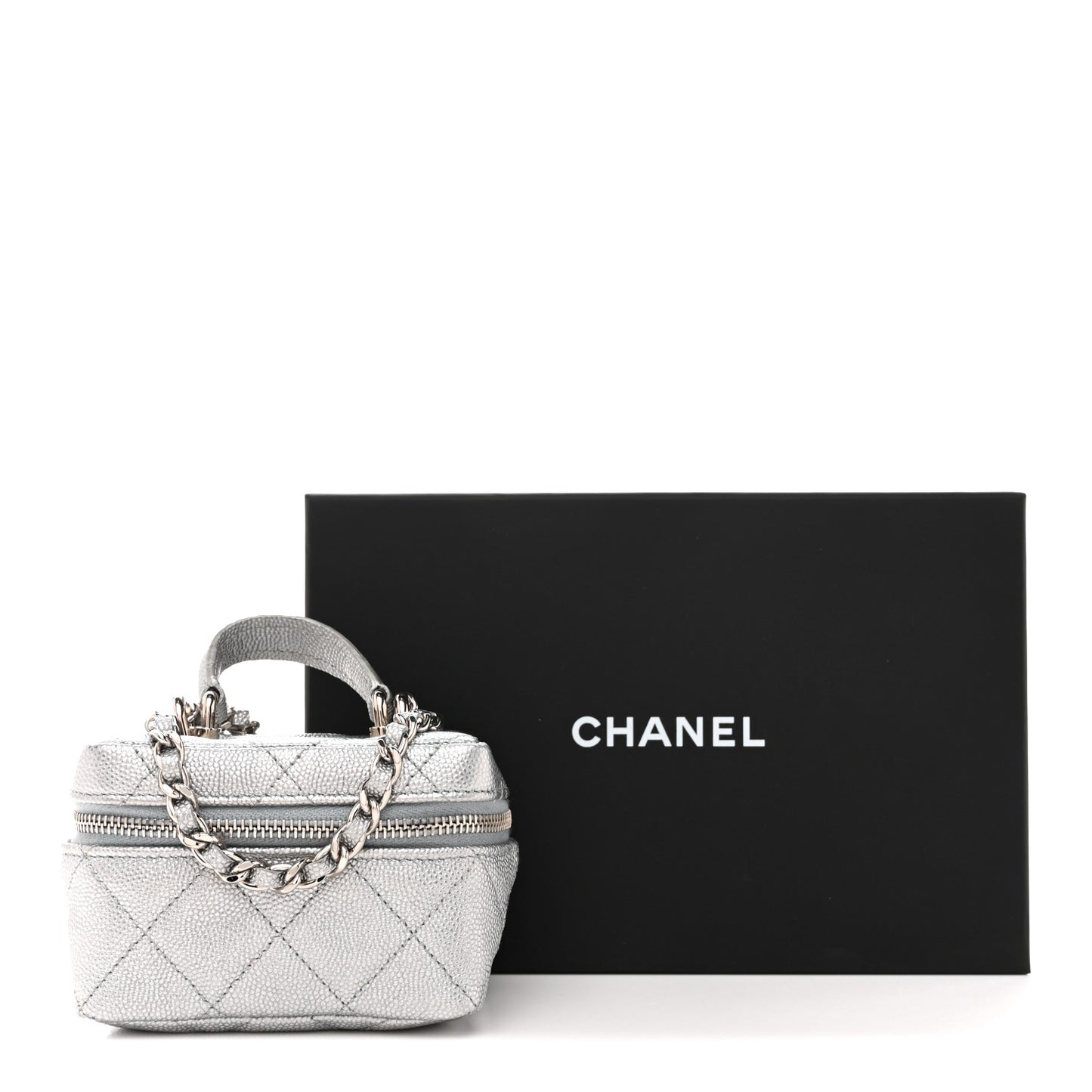 Metallic Caviar Quilted Mini Top Handle Vanity With Chain Silver