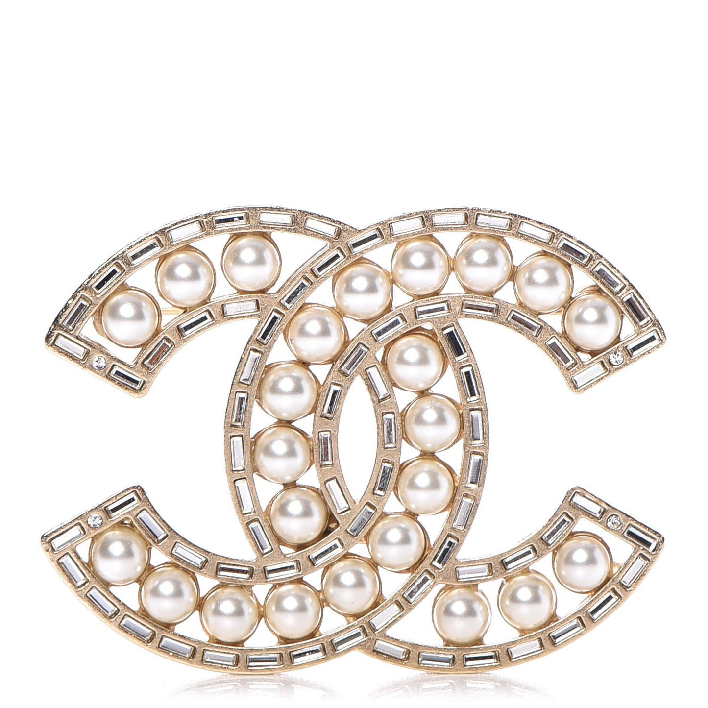 Pearl Crystal Baguette CC Brooch Gold
