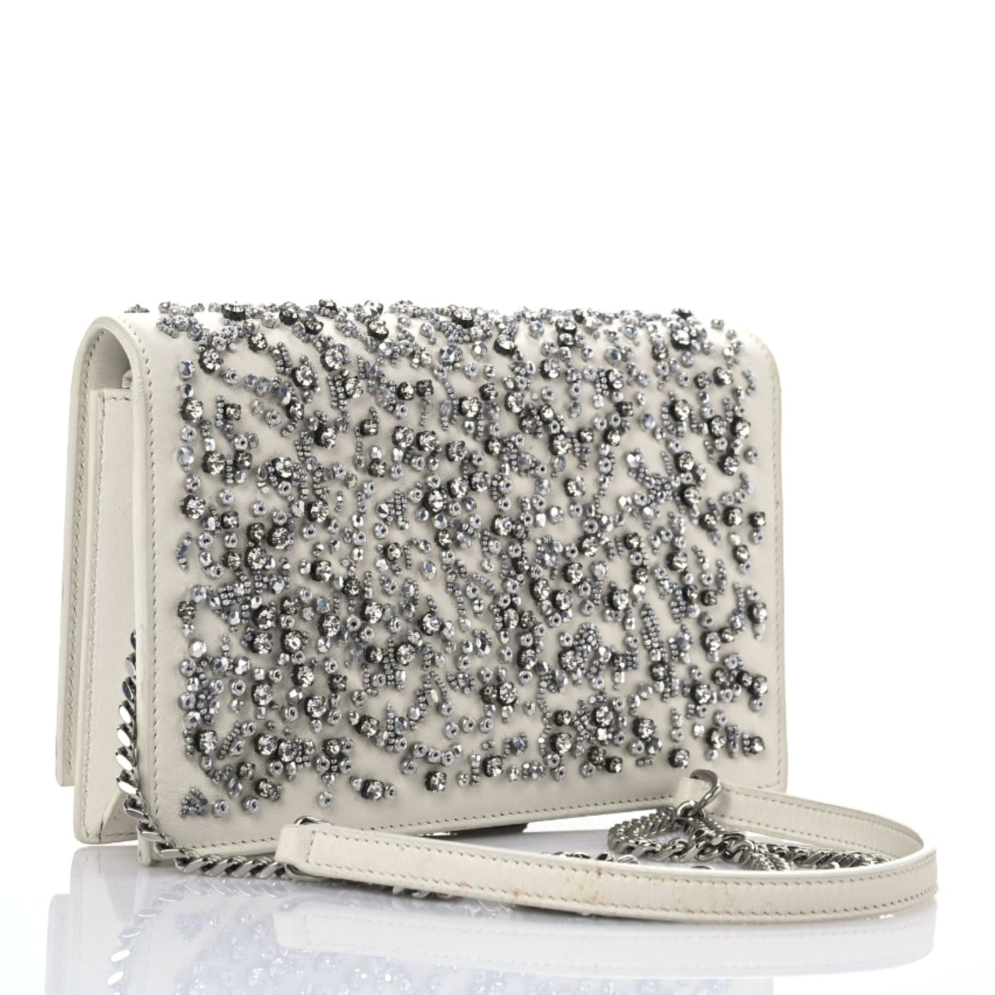 Calfskin Bead Embellished Kate Monogram Tassel Chain Wallet White