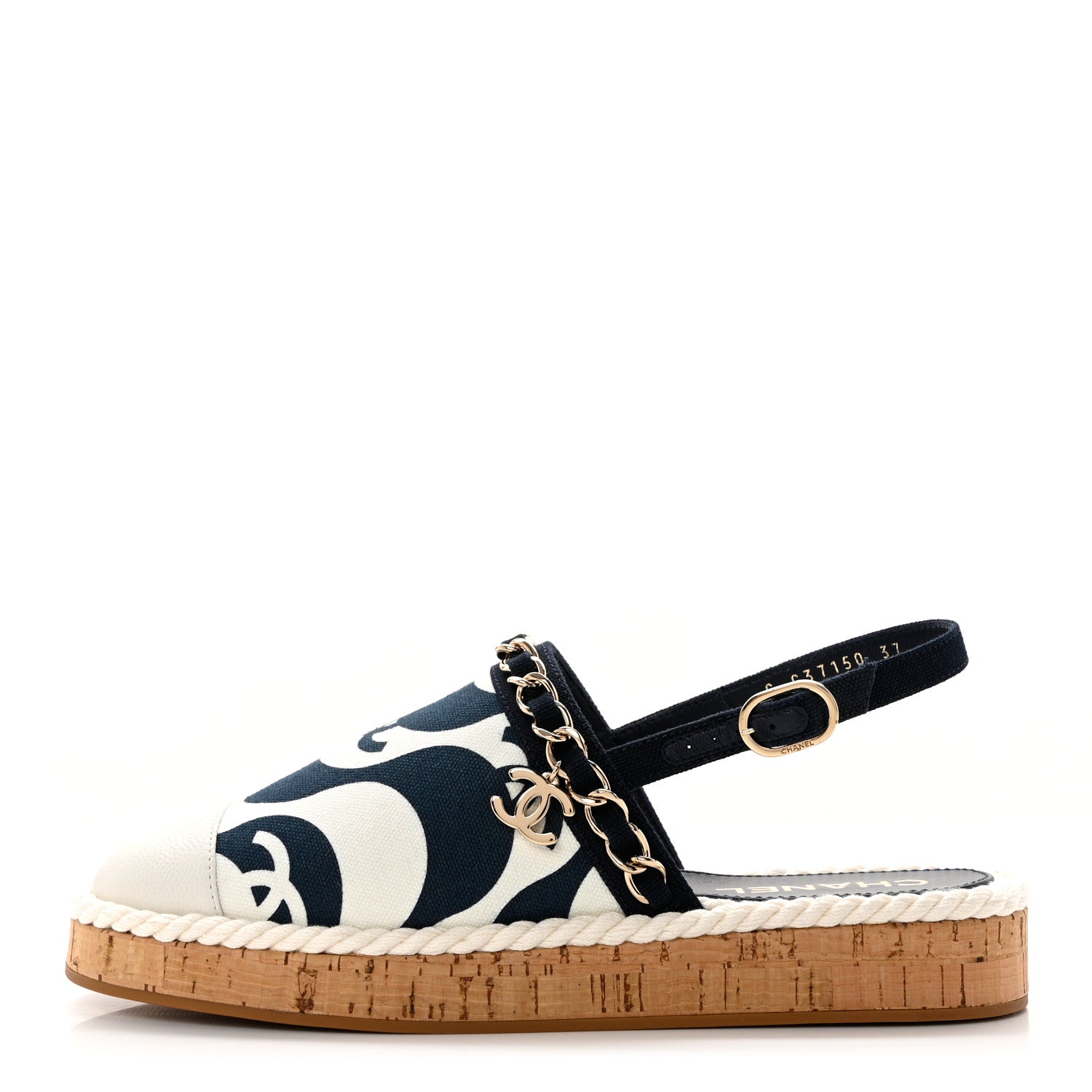 Chanel Lambskin Cotton Cork Printed Cap Toe Chain Mules Sandals 37 Navy White 1 of 9