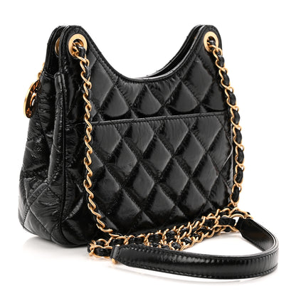 Chanel Shiny Crumpled Calfskin Quilted Small Wavy CC Hobo Black 3 of 11