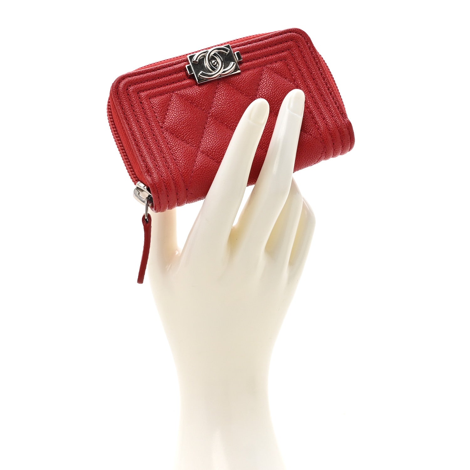 Chanel Caviar Quilted Boy Zip Around Coin Purse Wallet Red 2 of 9