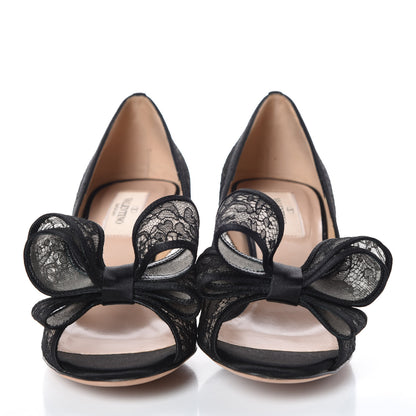 Valentino Garavani Satin Lace Couture Bow Peep Toe Low Heel Pumps 37.5 Black 3 of 8
