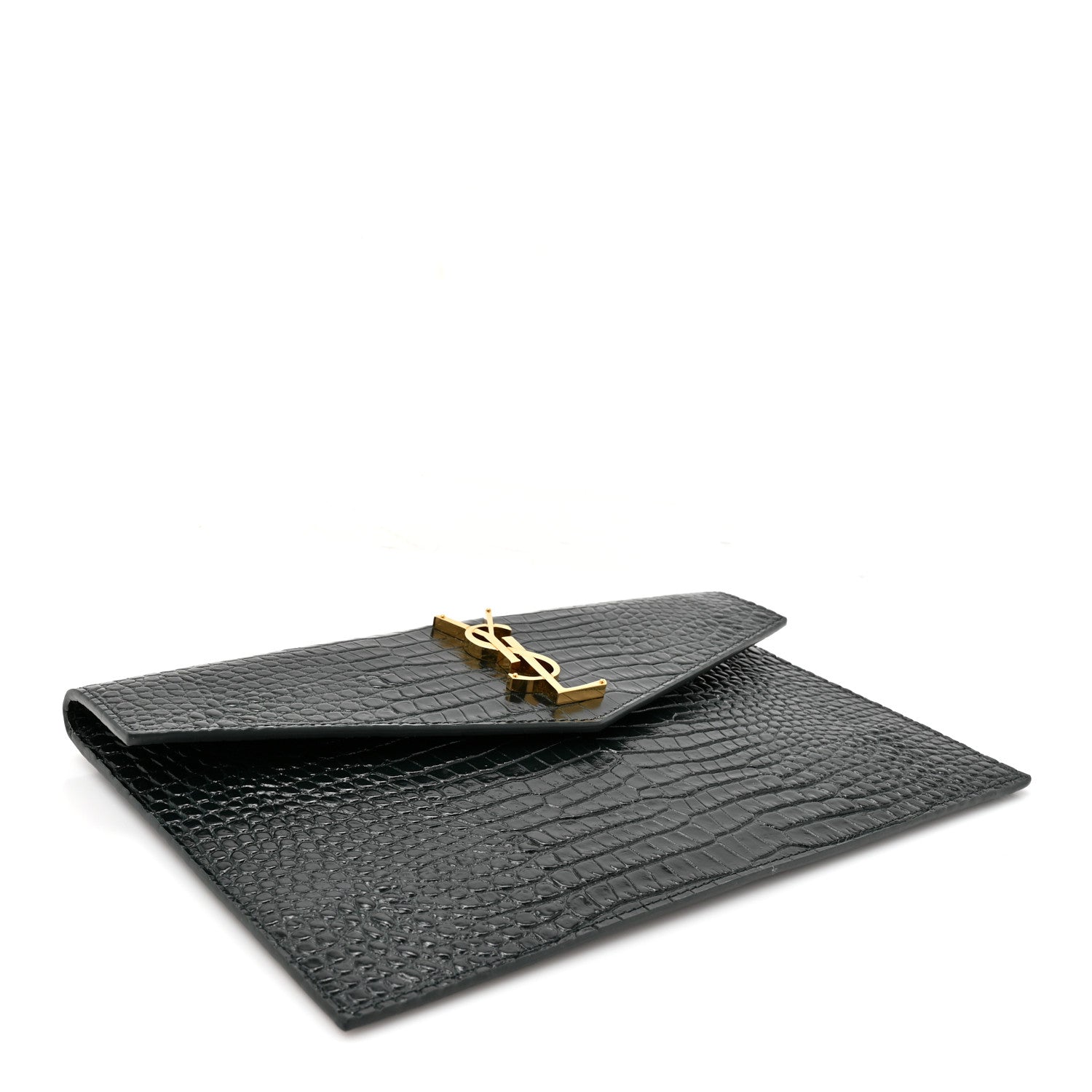 Saint Laurent Calfskin Crocodile Embossed Uptown Monogram Pouch Mint 4 of 7