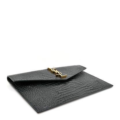 Saint Laurent Calfskin Crocodile Embossed Uptown Monogram Pouch Mint 4 of 7