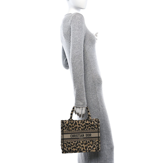 Canvas Mizza Embroidered Small Leopard Book Tote Beige