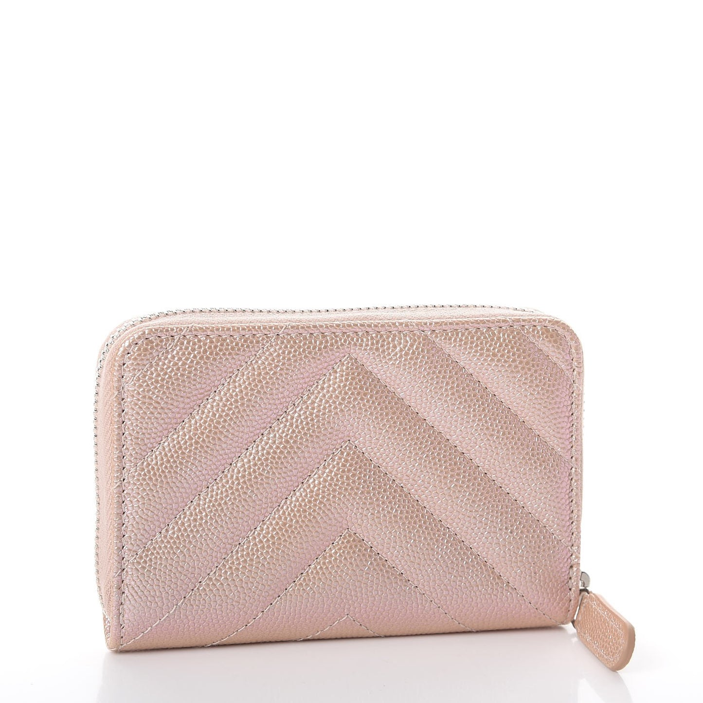 Metallic Caviar Chevron Quilted Zip Around Coin Purse Light Gold