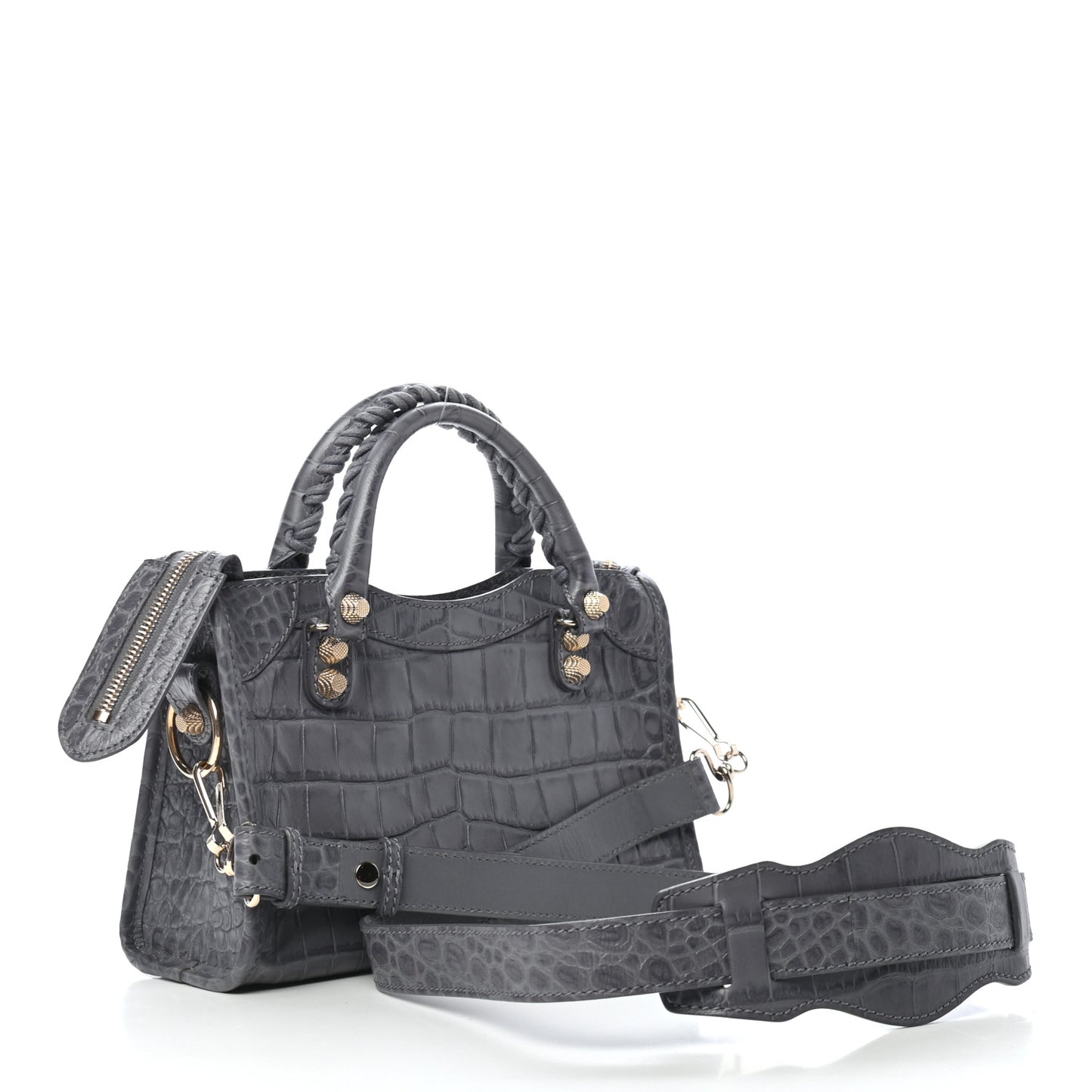 Calfskin Crocodile Embossed Giant 12 Gold Hardware Mini City Gris Beton