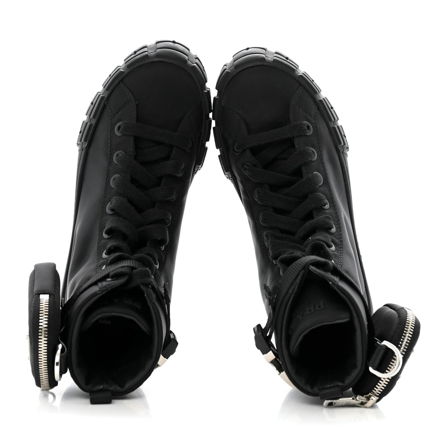 Re-Nylon Gabardine Metal Triangle Logo Wheel Pouch Pocket High Top Sneakers 38.5 Black