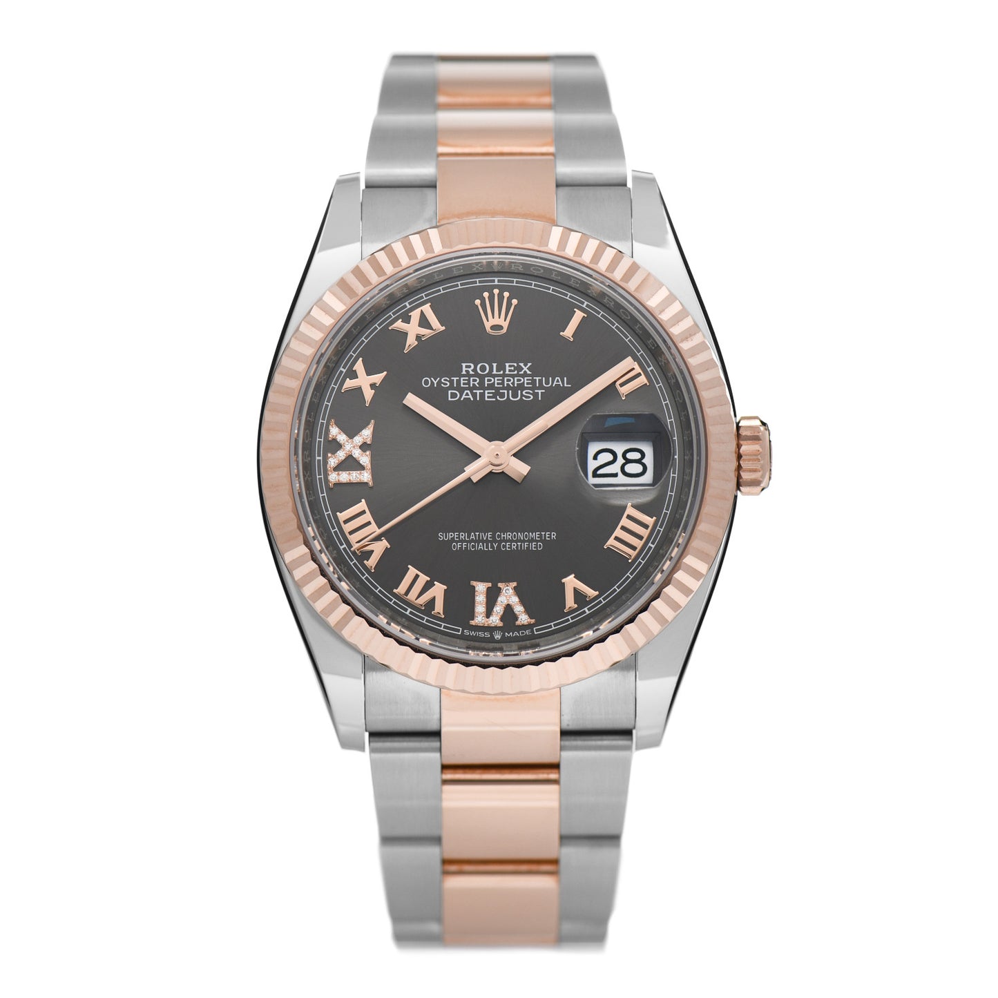 Stainless Steel 18K Everose Gold Diamond 36mm Oyster Perpetual Datejust Watch Slate Roman 126231