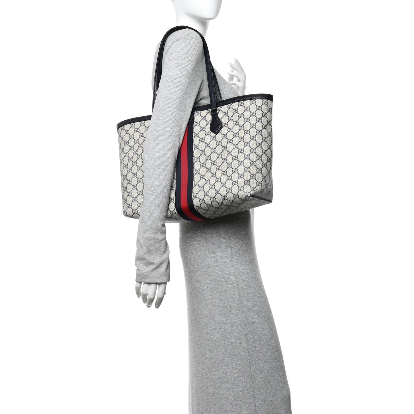 GG Supreme Monogram Textured Calfskin Web Medium Ophidia Shopping Tote Beige Blue