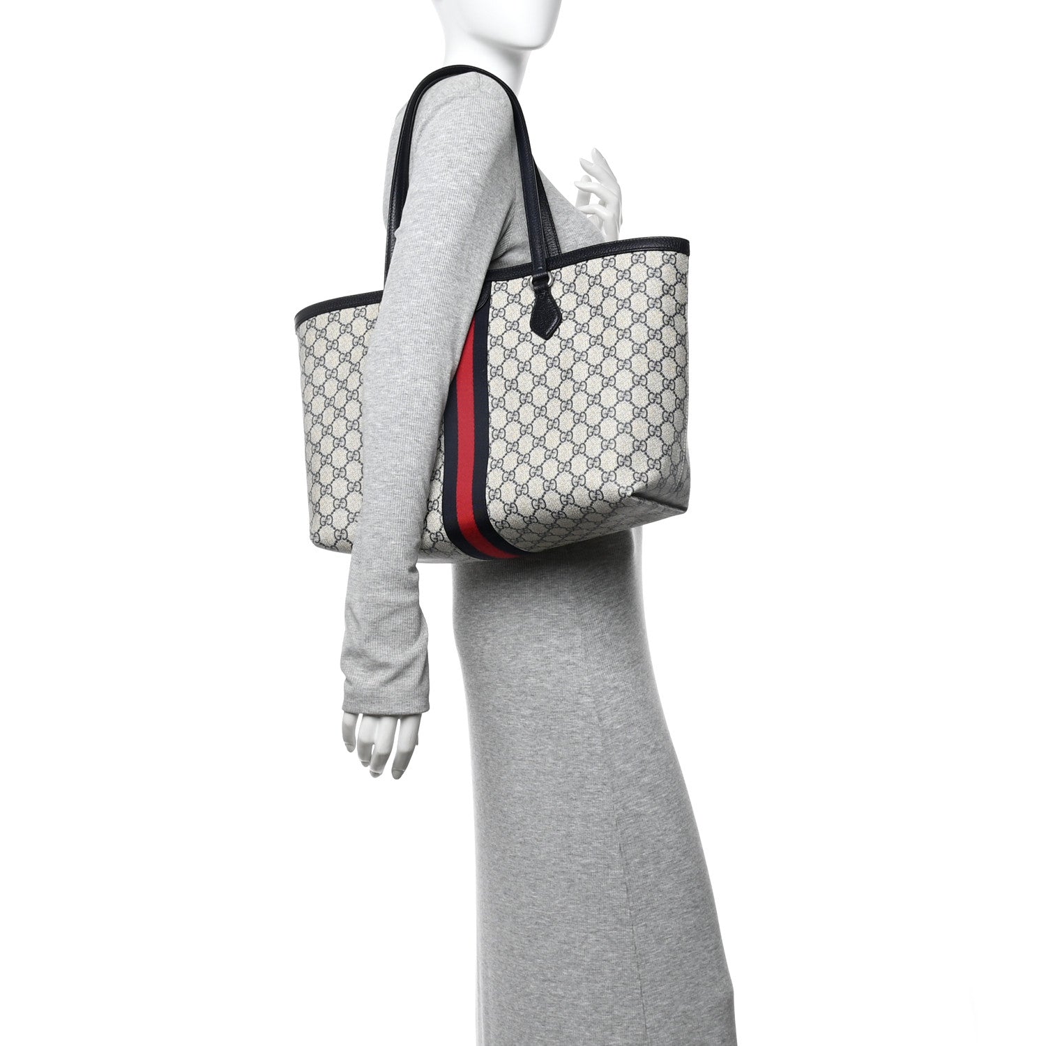 Gucci GG Supreme Monogram Textured Calfskin Web Medium Ophidia Shopping Tote Beige Blue 2 of 13