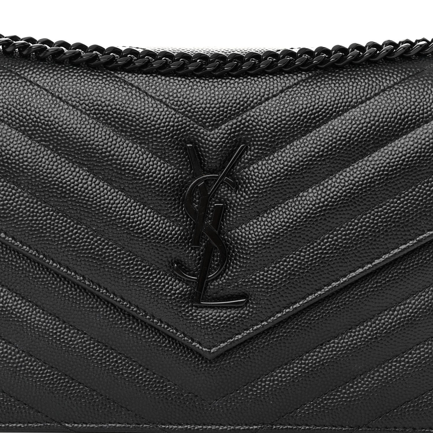 Saint Laurent SAINT LAURENT Grain De Poudre Matelasse Chevron Monogram Monochrome Envelope Chain Wallet Black 7 of 10