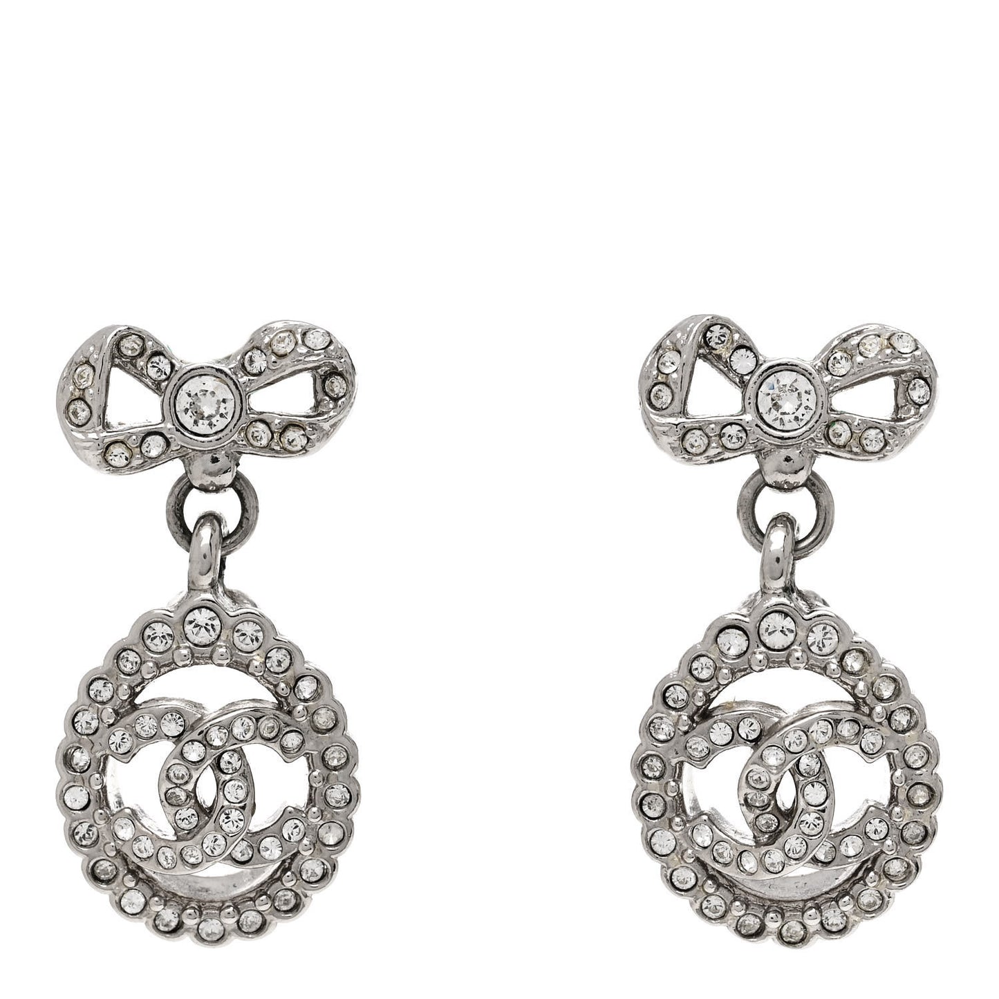 Crystal CC Bow Drop Earrings Silver