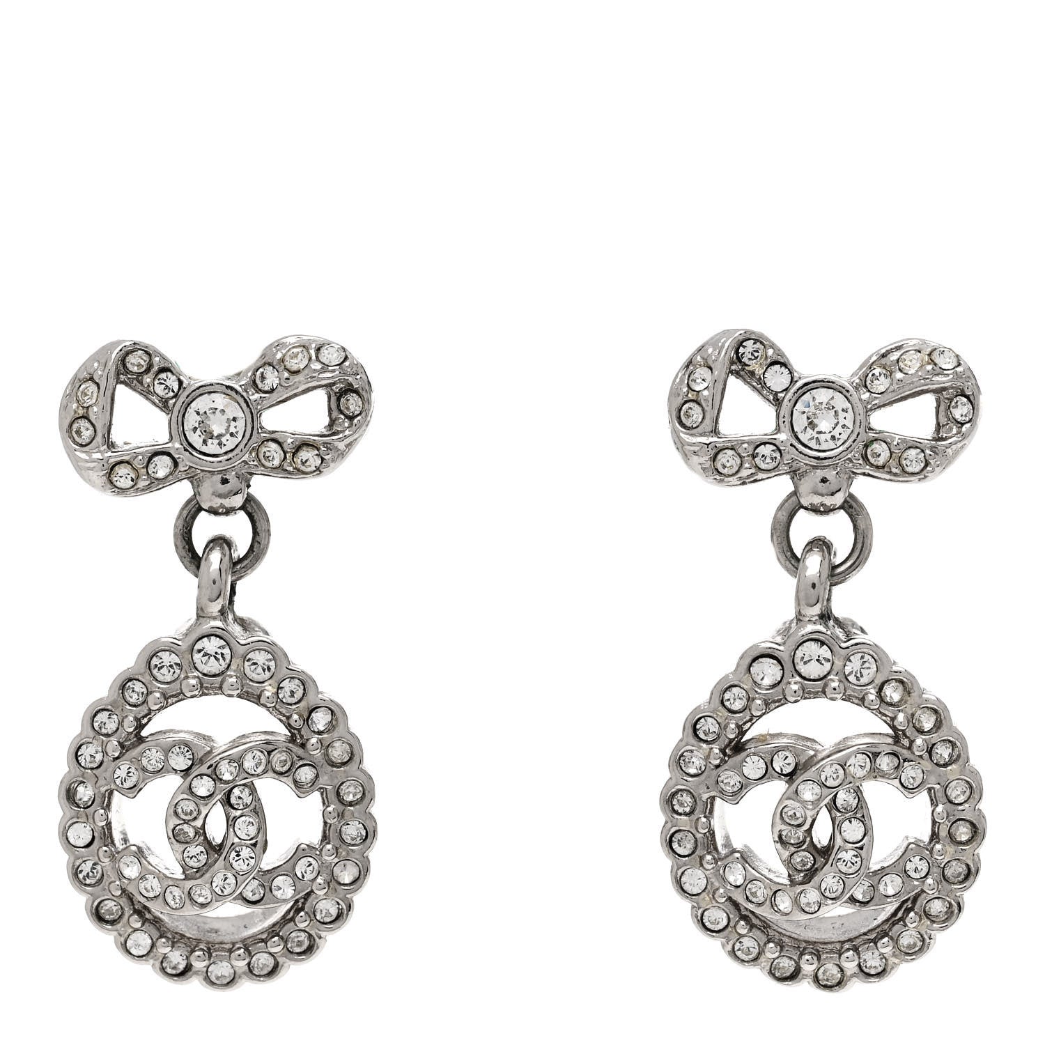 Chanel Crystal CC Bow Drop Earrings Silver 1 of 5