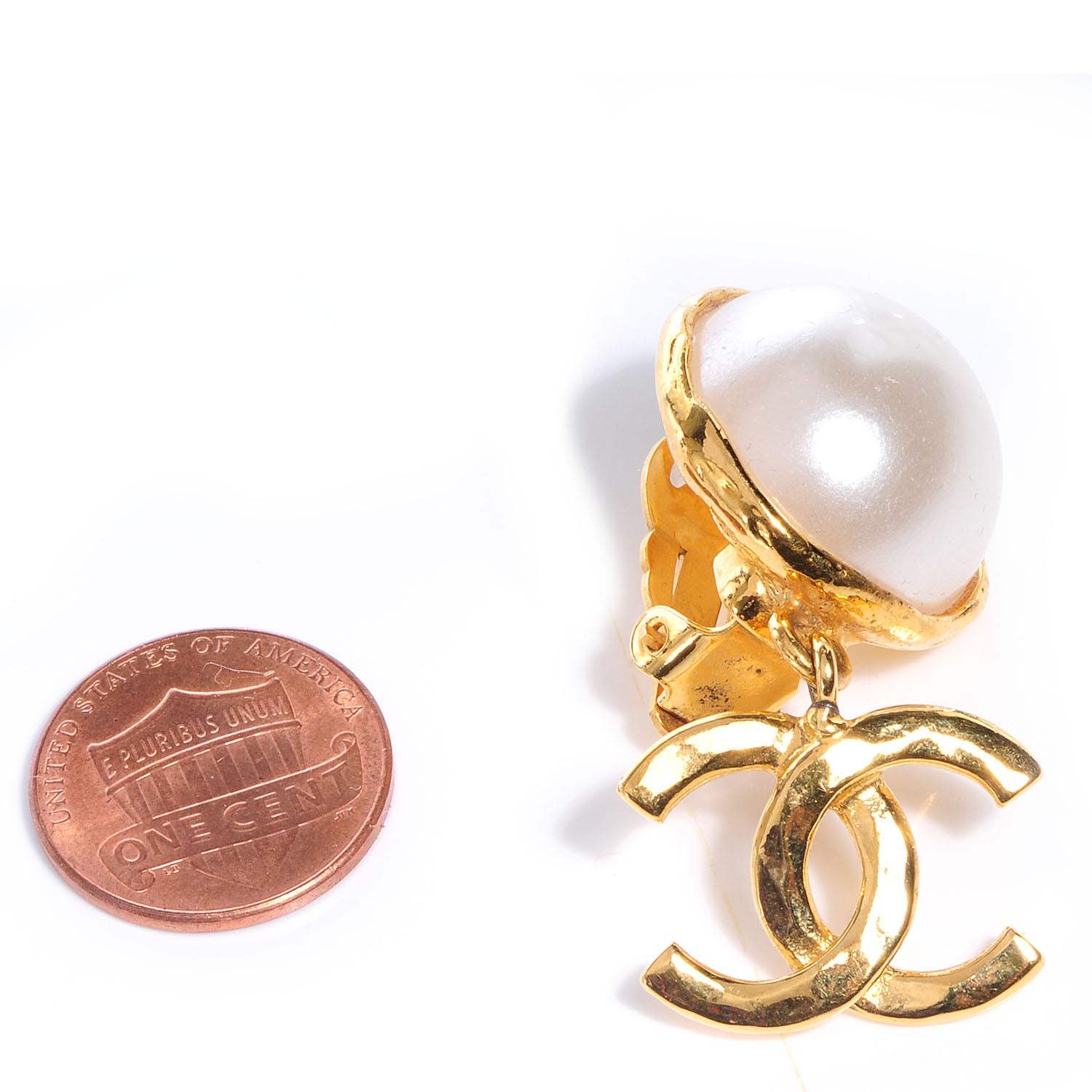 Chanel Pearl Dangle Clip On Earrings Gold CC 2 of 5