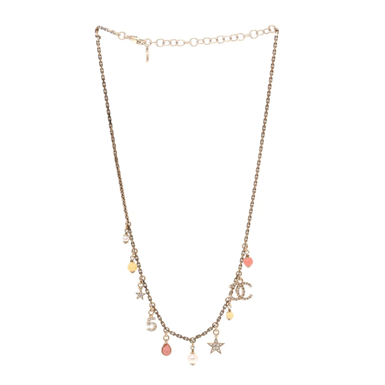 Chanel Metal Resin Pearl Crystal 5 CC Charm Necklace Gold Pink White 3 of 5