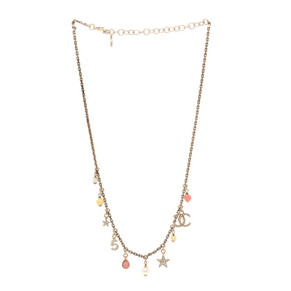 Chanel Metal Resin Pearl Crystal 5 CC Charm Necklace Gold Pink White 3 of 5