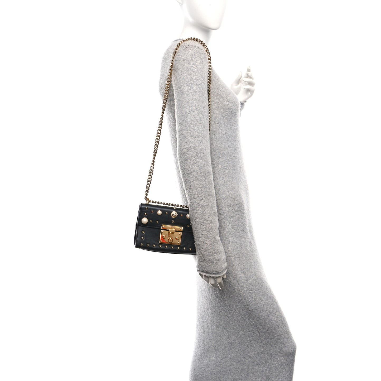Calfskin Studded Small Padlock Shoulder Bag Black