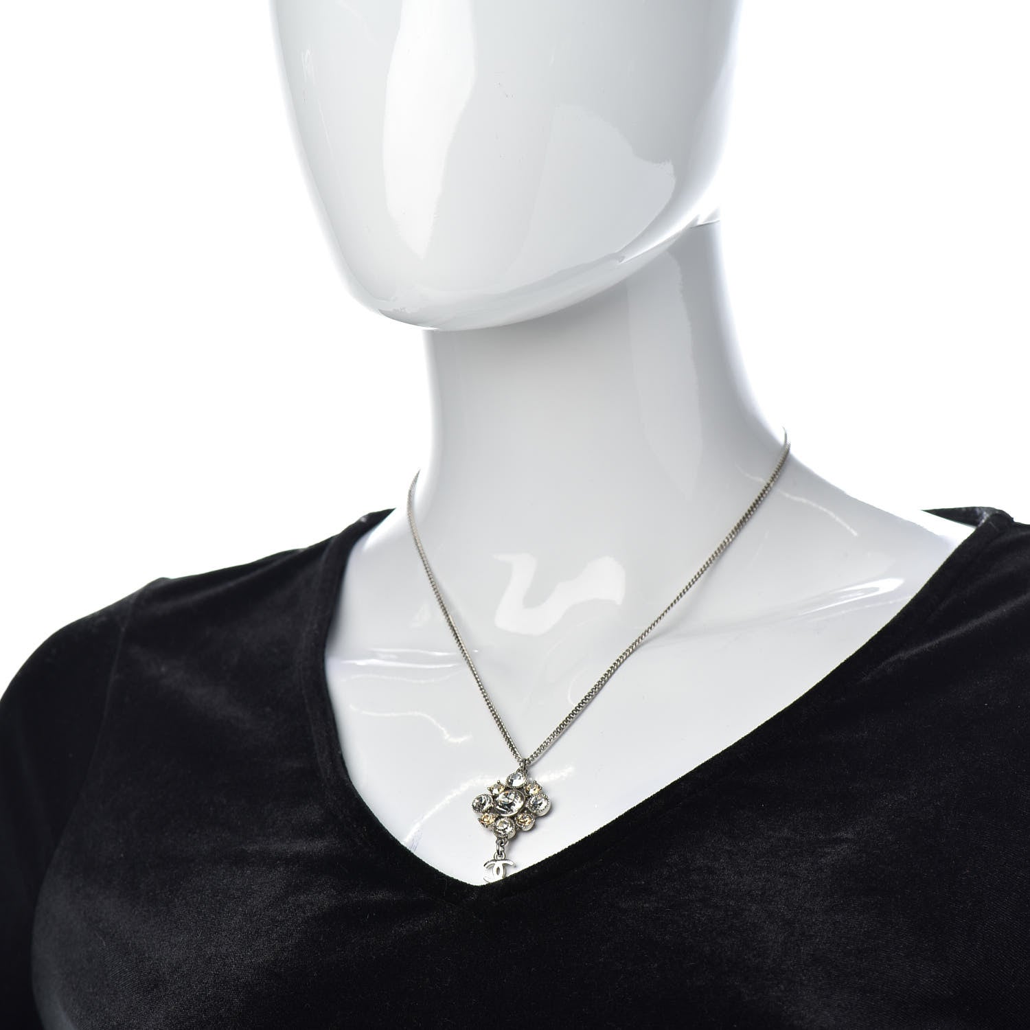 Chanel Crystal CC Drop Pendant Necklace Silver 2 of 5