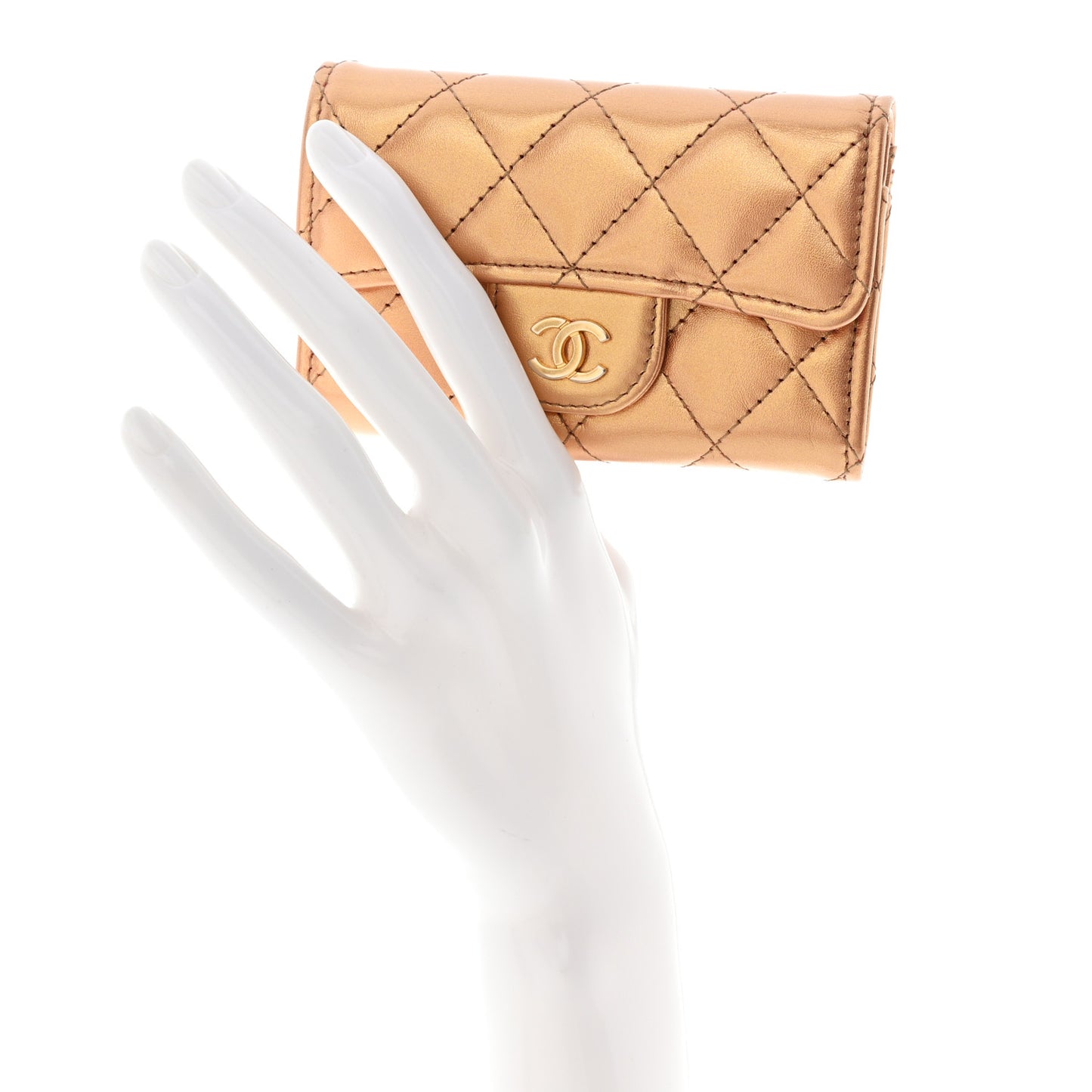 Metallic Lambskin Quilted Flap Card Holder Wallet Golden